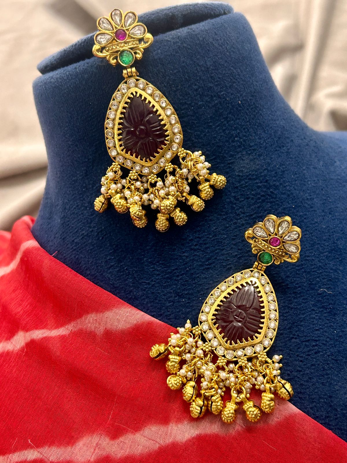 Heritage Peacock Temple Necklace with Carved Stone Pendant & Jhumka Earrings